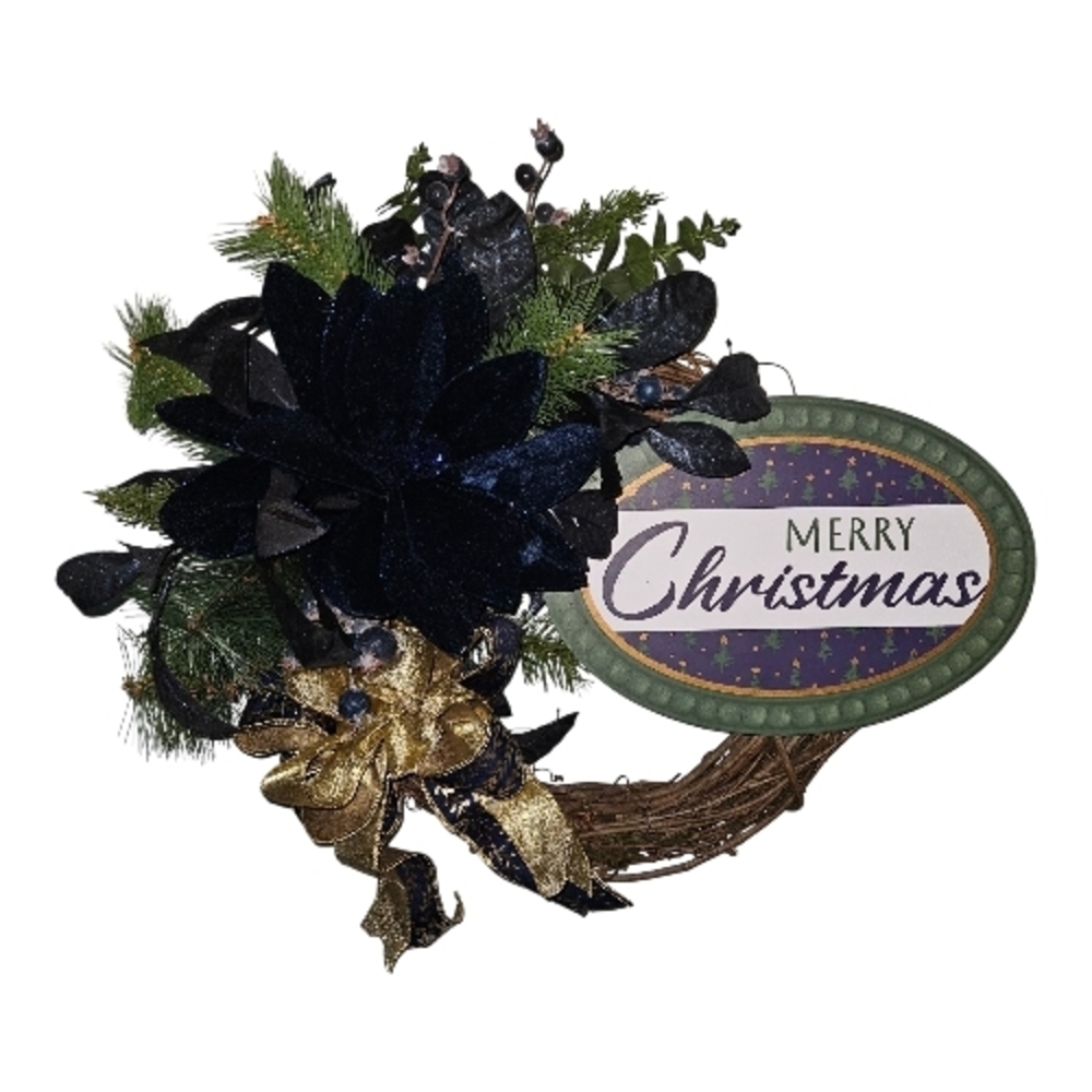 Festive Christmas Wreath with Navy Blue Ponsettias Beautful Gold Accents